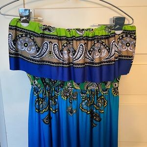 Strapless turquoise multi color maxi dress. Paisley ruffled top.